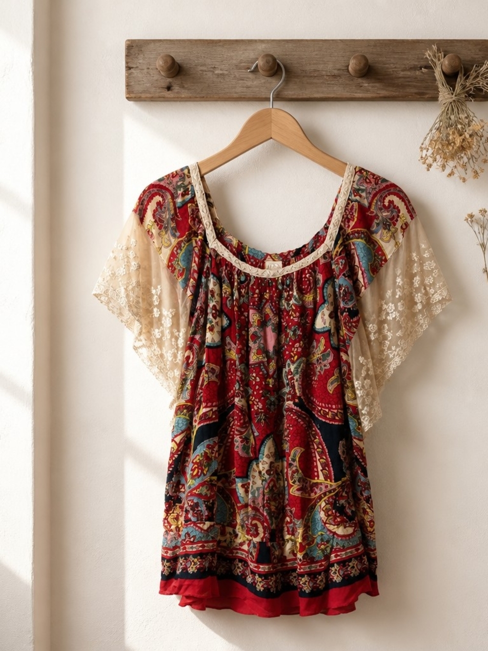 Bila Red Multicolor Paisley Boho Blouse with Cream Lace Sleeves
